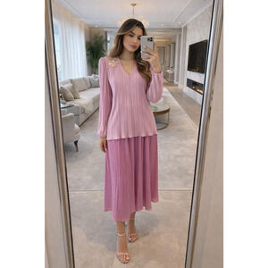 Vintage Pink Mini Accordion Pleat Overlay Dress Size L Long Sleeve Boho Modest